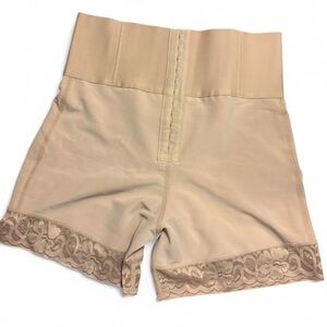 High waist Corseted Runched butt shapewear girdle with lace trim tan silky butt